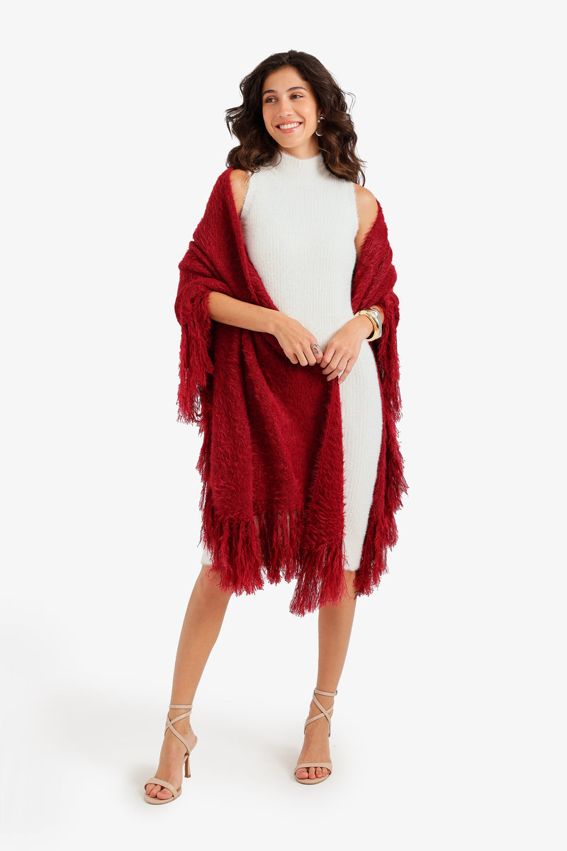 Solid Fringed Wrap Poncho – Light Burgundy