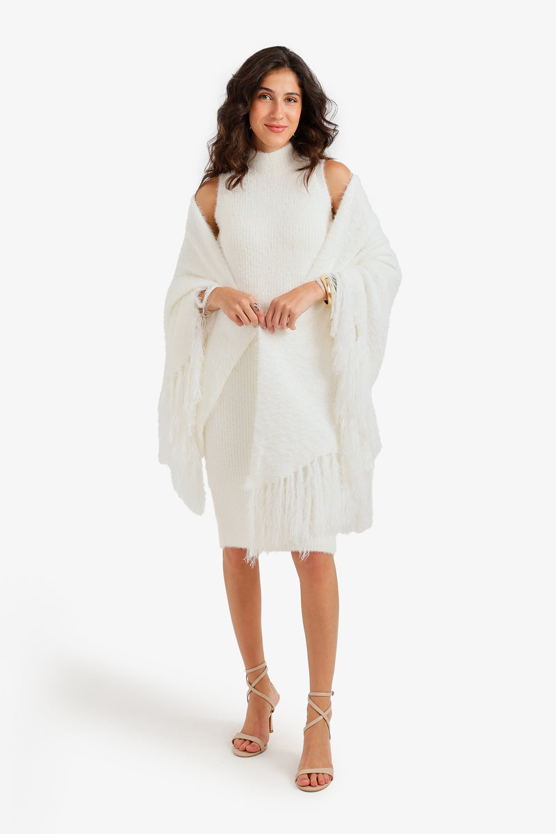 Solid Fringed Wrap Poncho – Off White