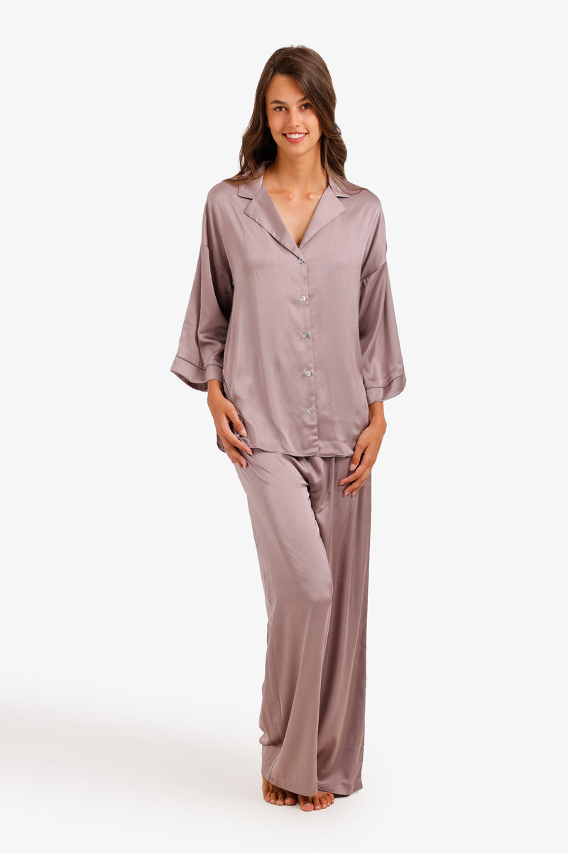 Solid Contrast-Button Satin Set – Dusty Mauve