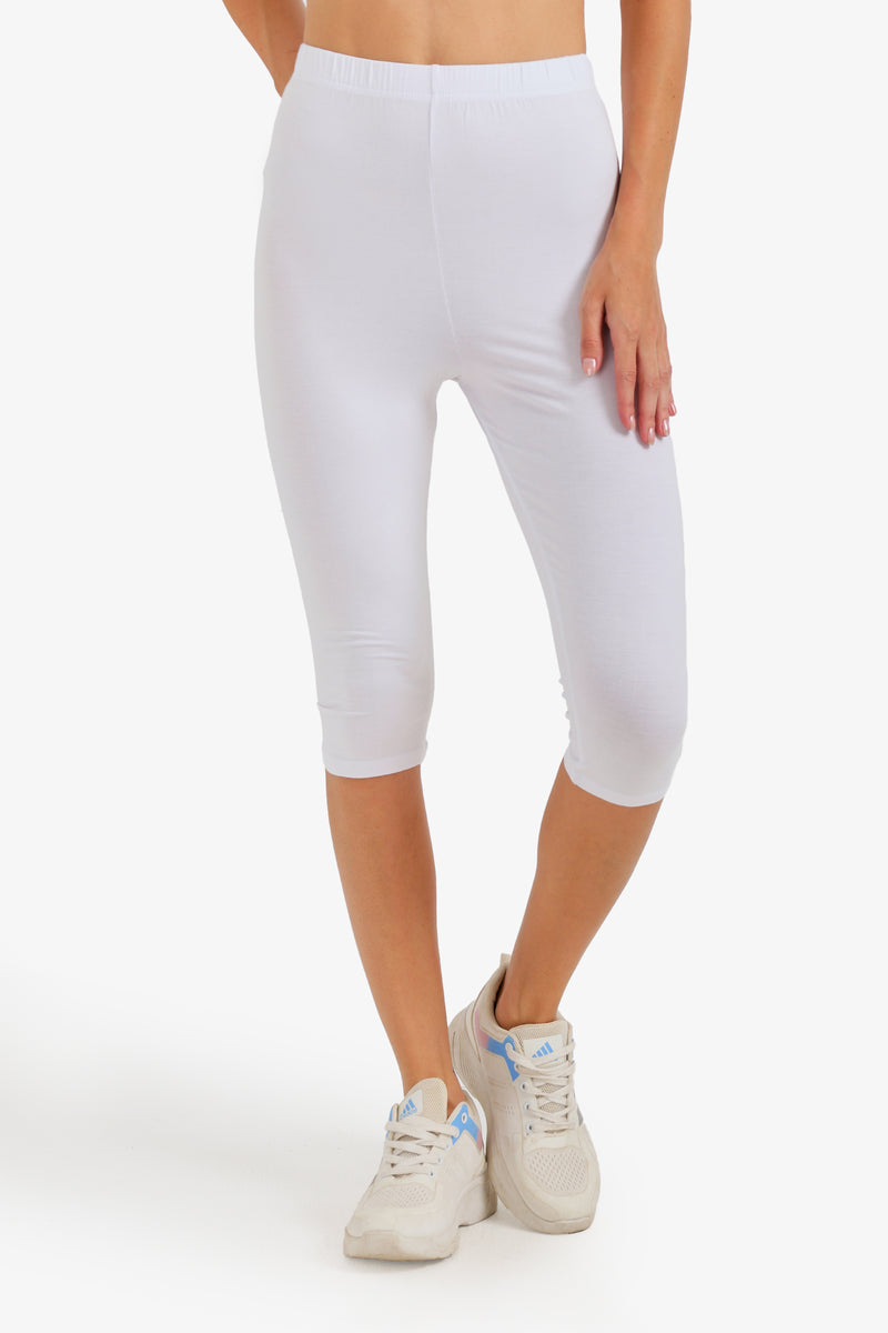Plain High-Waist Below-Knee Leggings – White