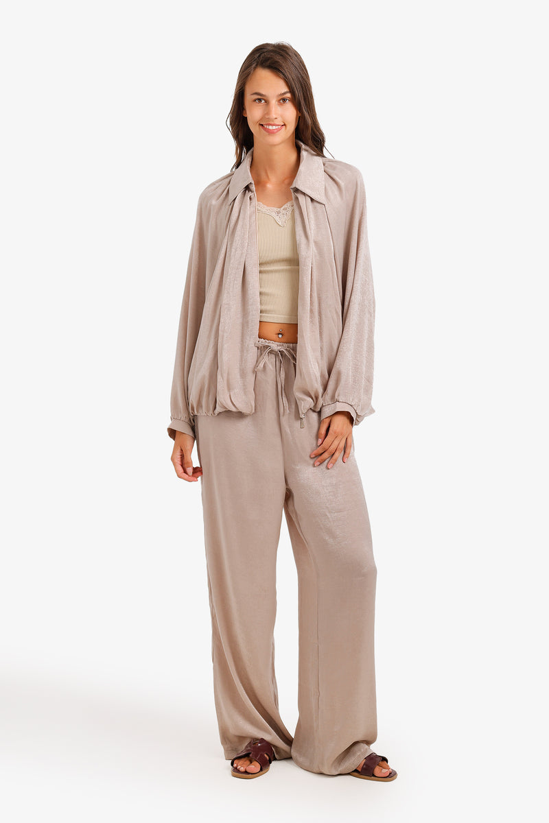 Ruched Shimmer Lounge Set - Beige