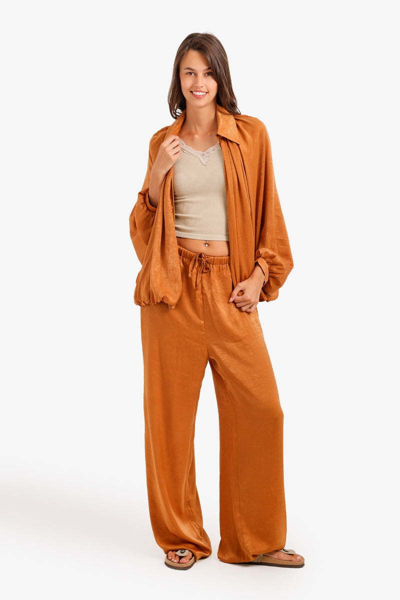 Ruched Shimmer Lounge Set - Light Havana