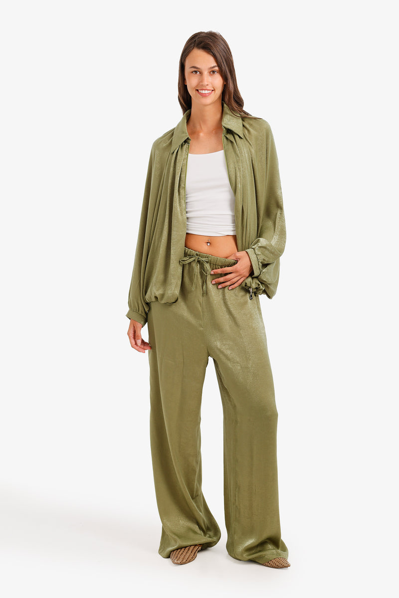 Ruched Shimmer Lounge Set - Olive
