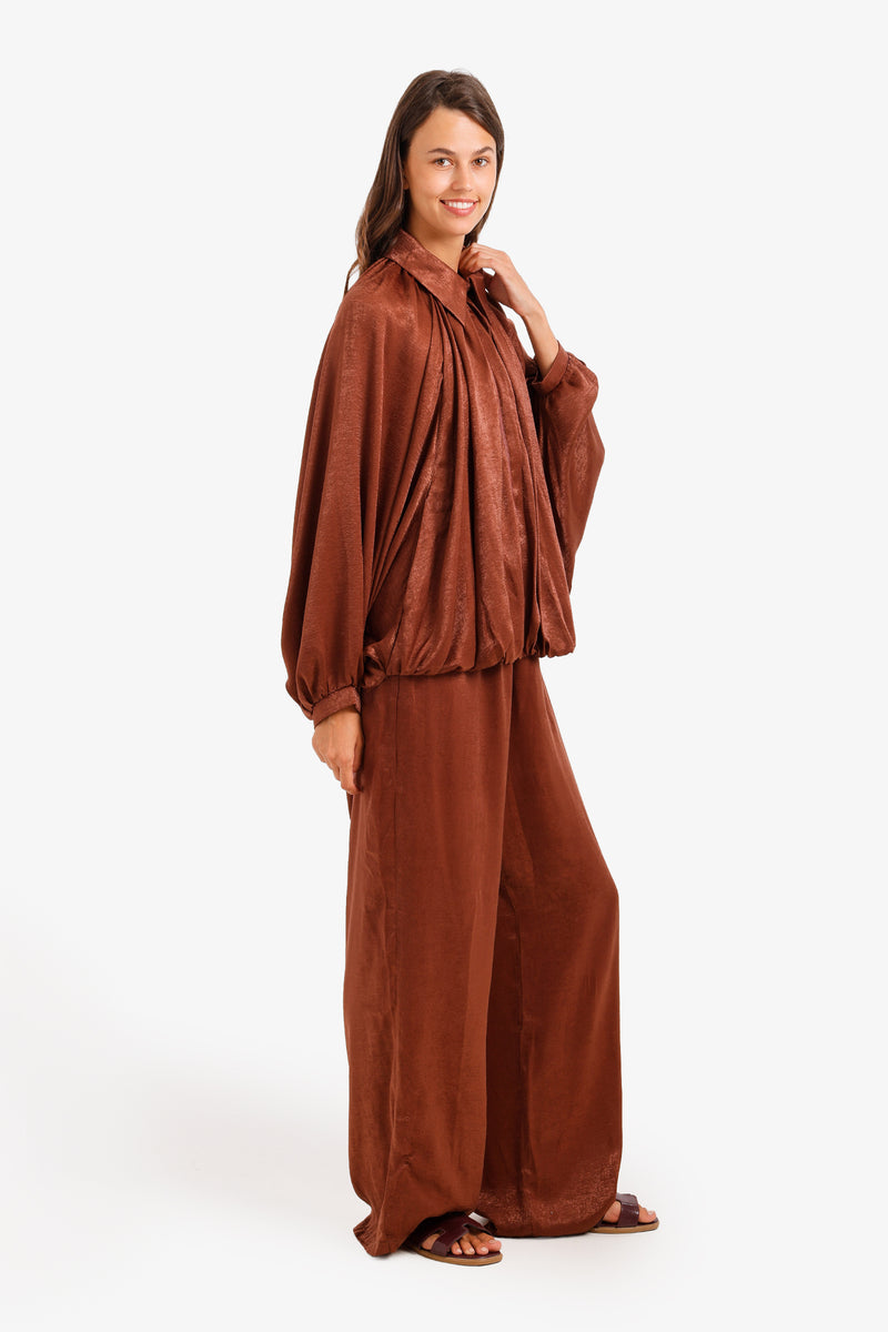 Ruched Shimmer Lounge Set - Dark Brown
