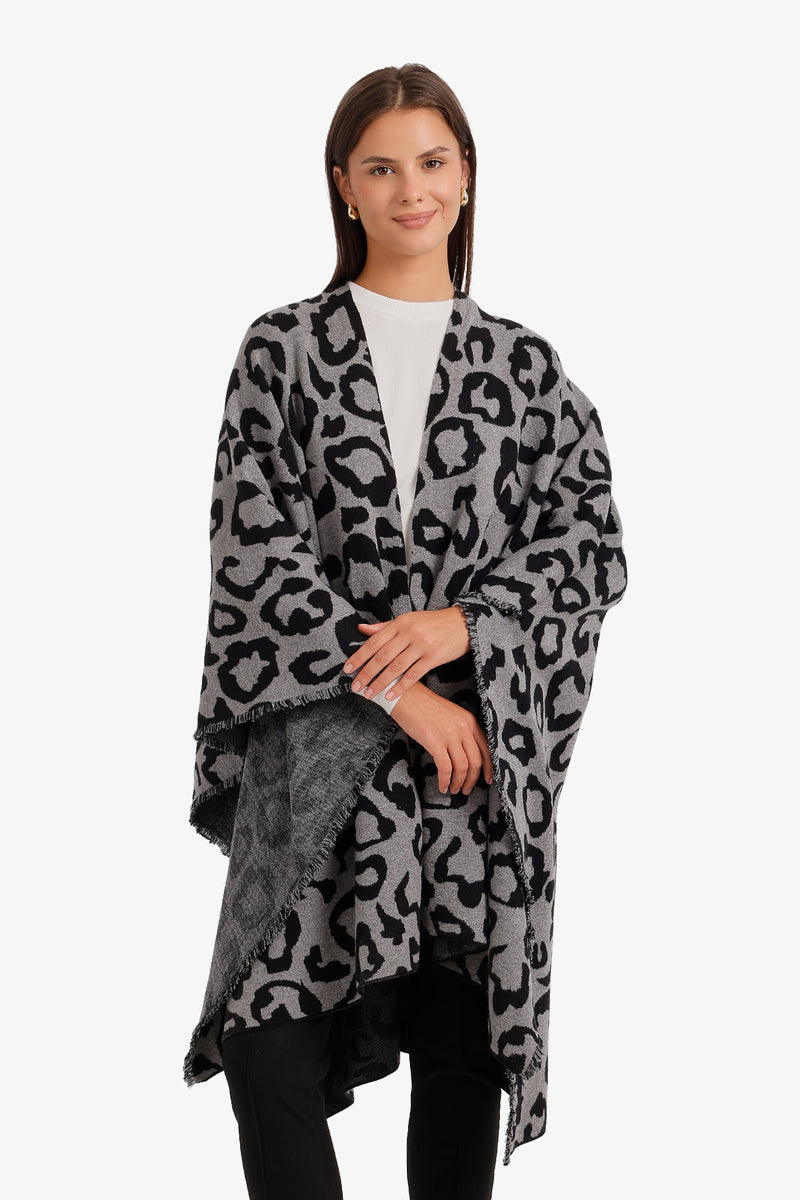 Leopard Print Fringed Knit Poncho – Grey & Black
