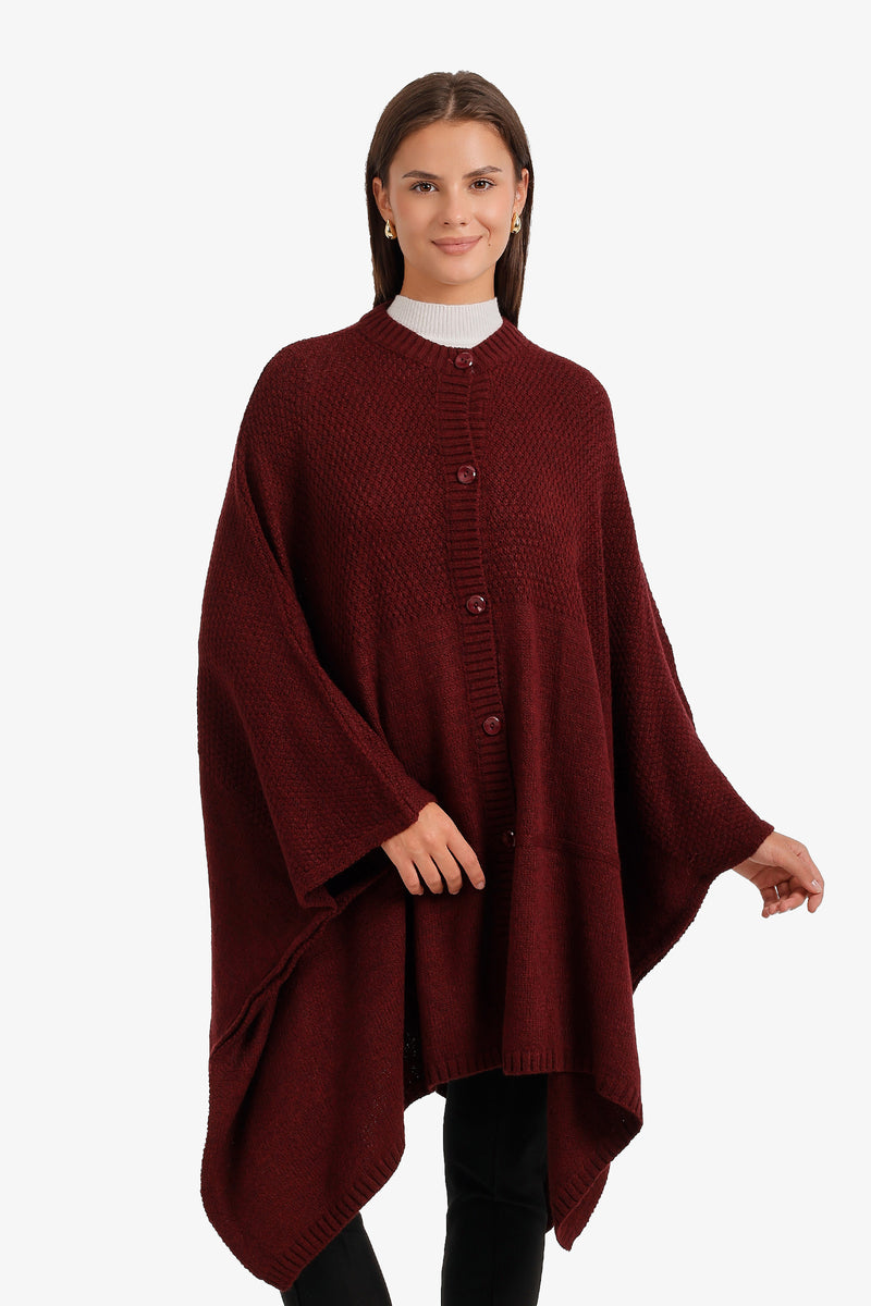 Textured Button-Front Knit Poncho – Light Burgundy