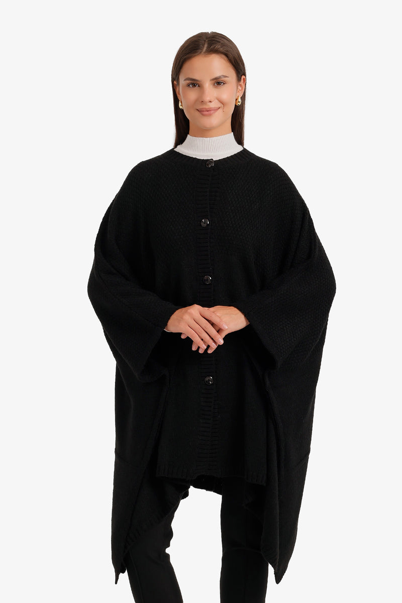 Textured Button-Front Knit Poncho – Black