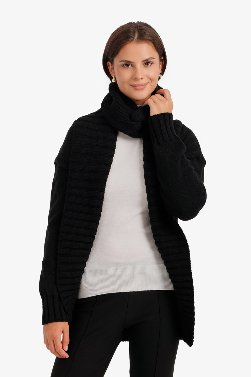 Ribbed Cardigan with Matching Scarf – Black