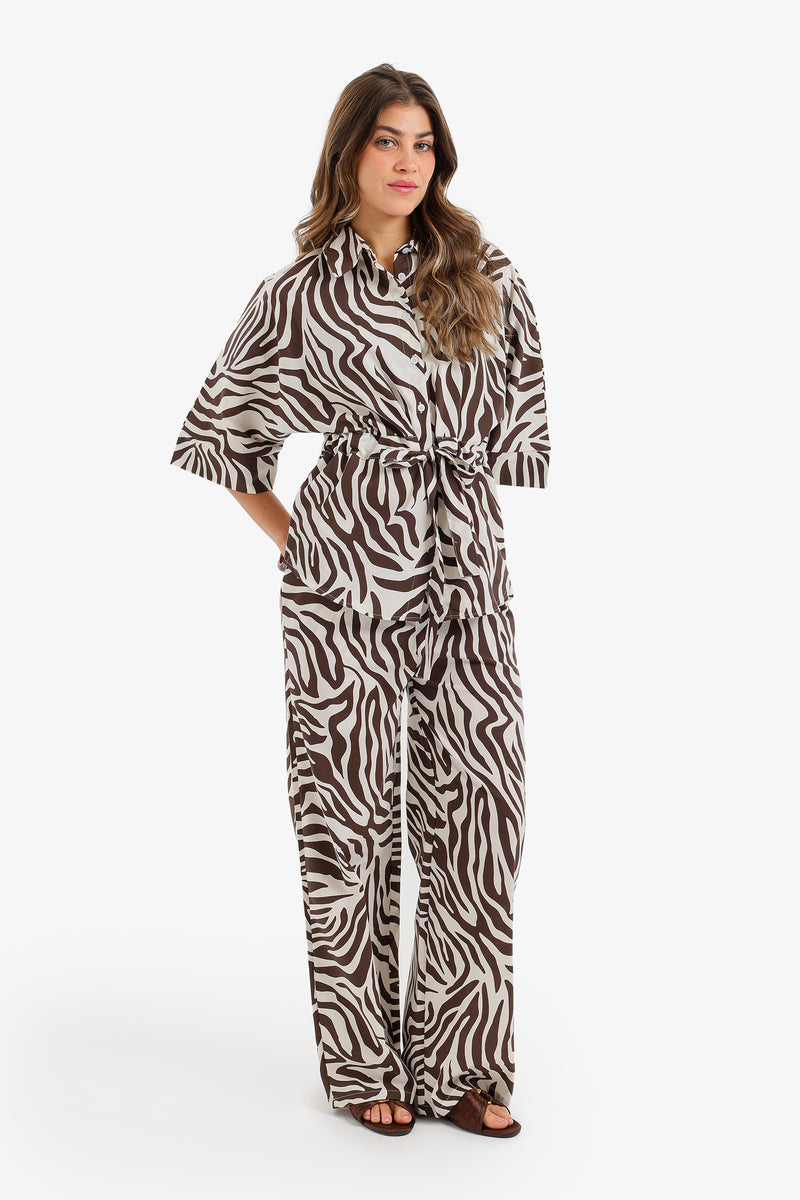 Zebra Print Tie-Waist Lounge Set - Brown & Off White