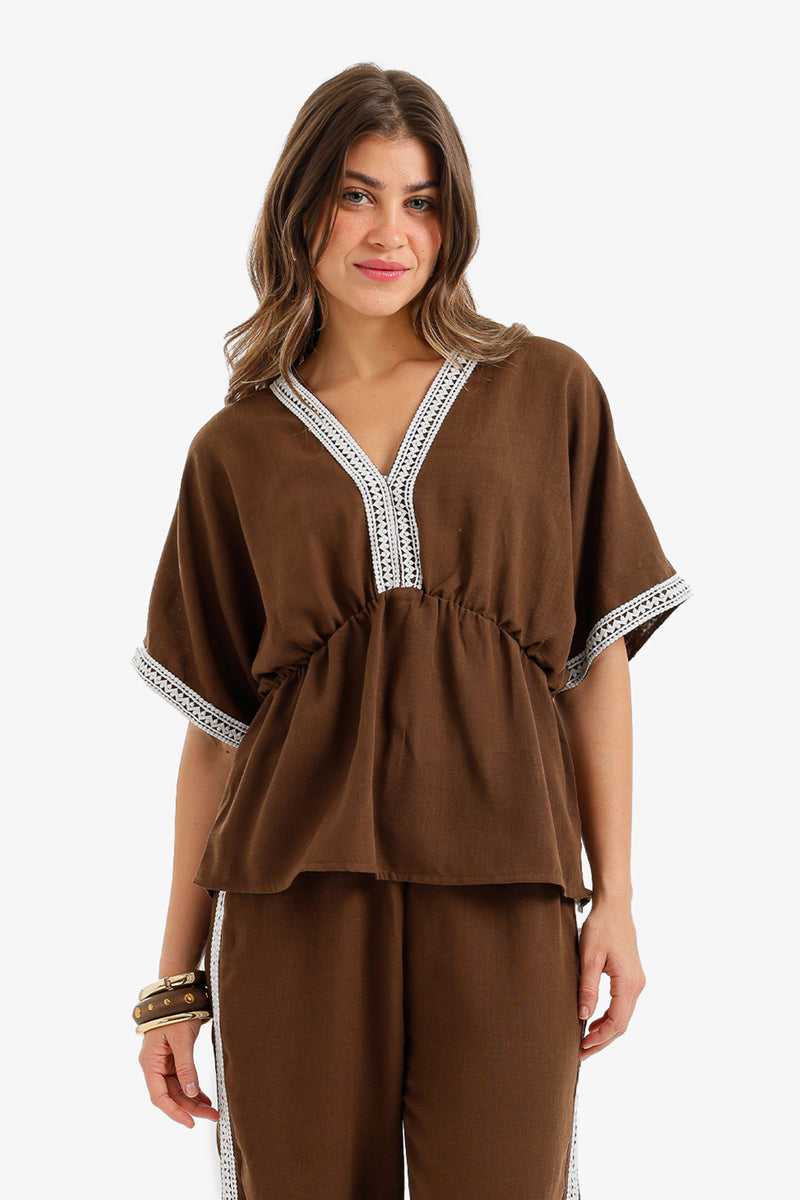 Embroidered-Trim Top - Brown