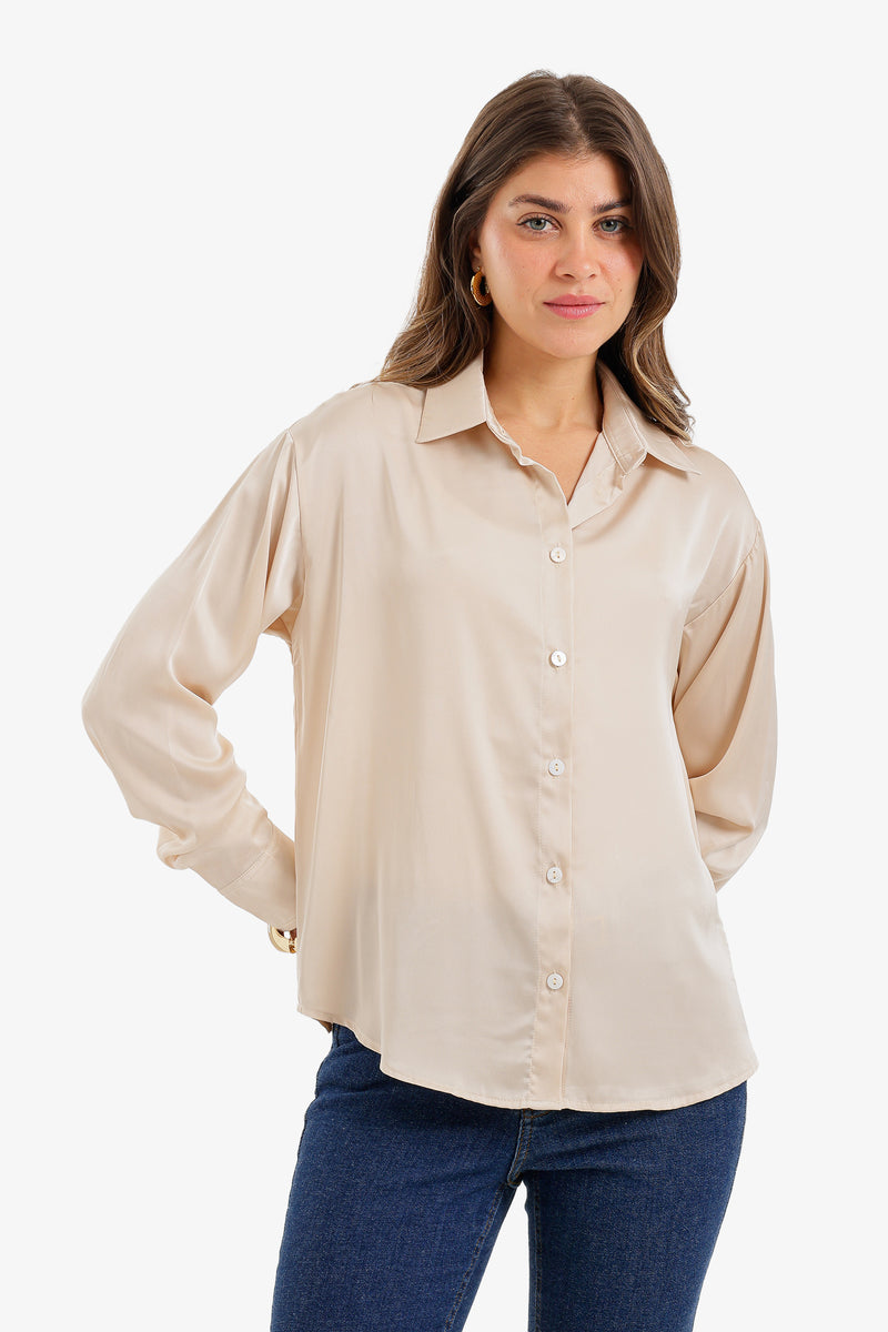 Button-Down Satin Shirt - Beige