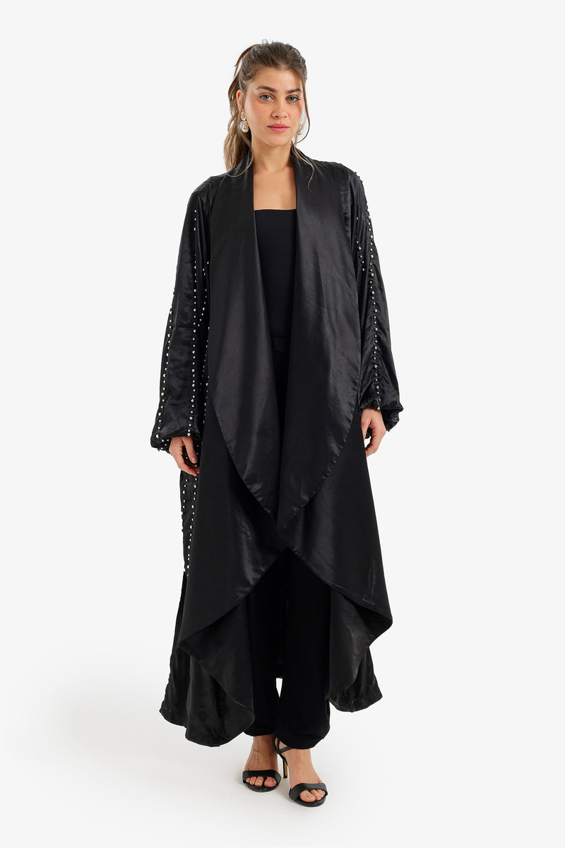 Pearl-Embellished Flowy Kimono - Black