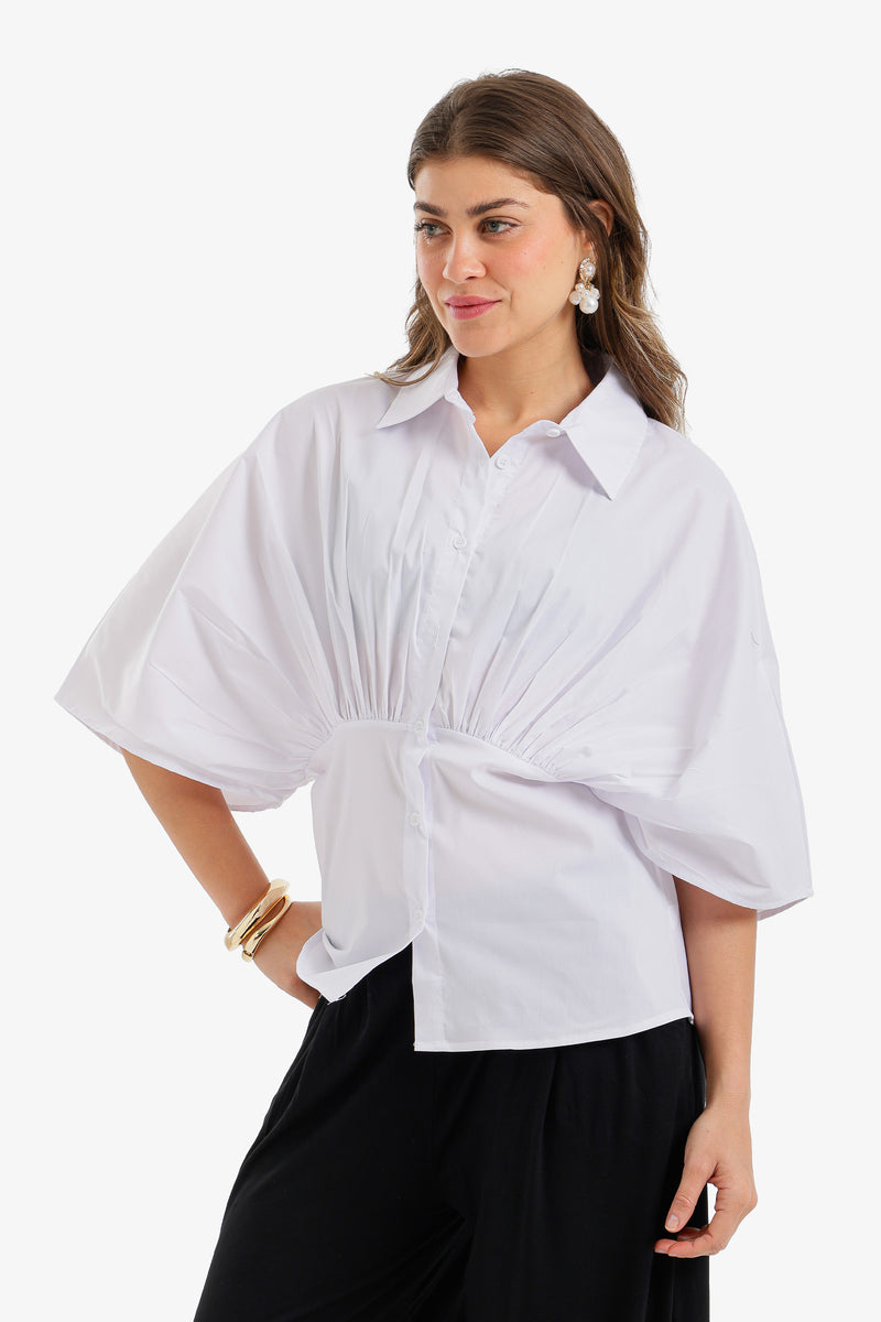 Cinched-Waist Peplum Shirt - White