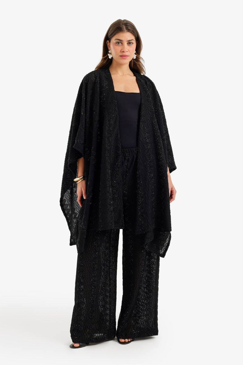 Zigzag-Embroidered Kimono - Black