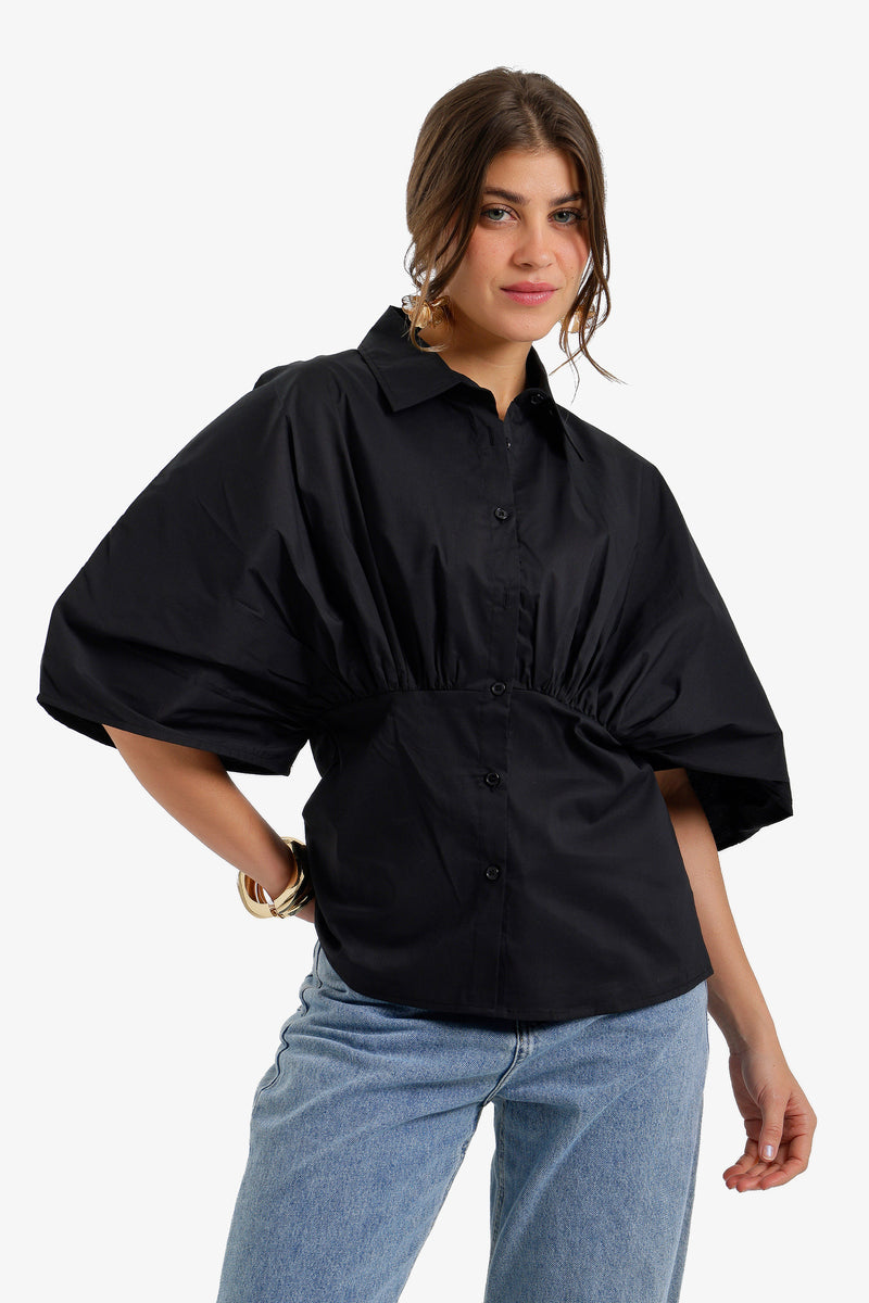 Cinched-Waist Peplum Shirt - Black