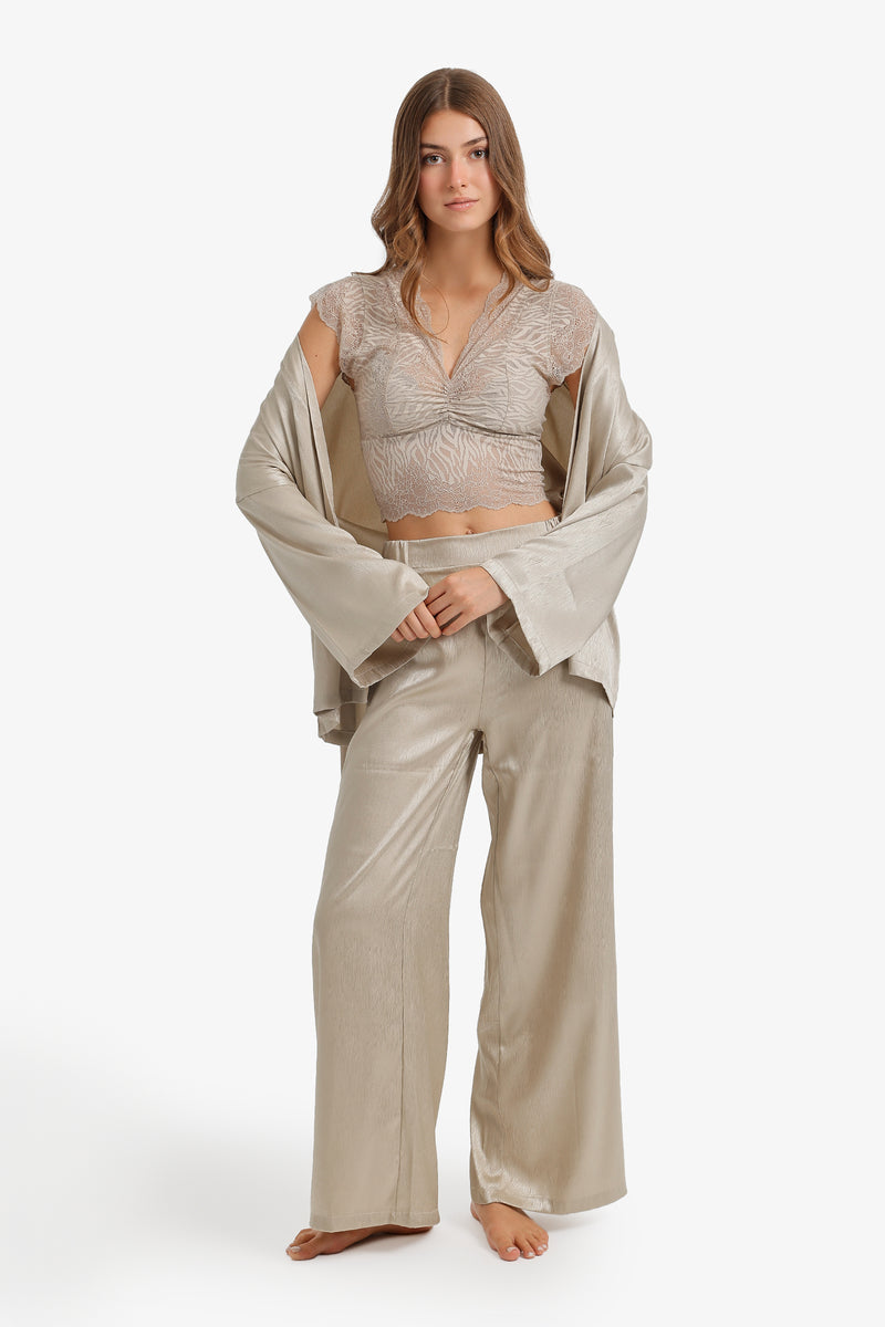 Lace 3-Piece Pajama Set – Beige