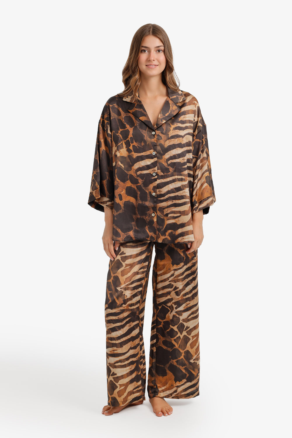 Mixed Animal Relaxed Pajama Set – Brown Multi