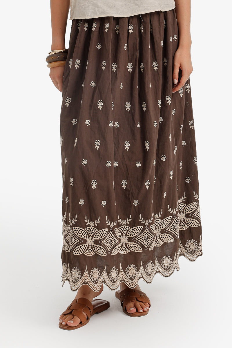 Scalloped-Hem Maxi Skirt - Dark Brown