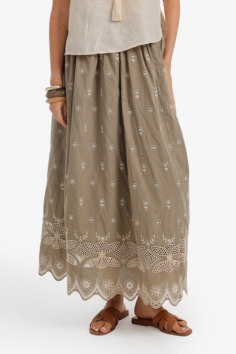 Scalloped-Hem Maxi Skirt - Olive