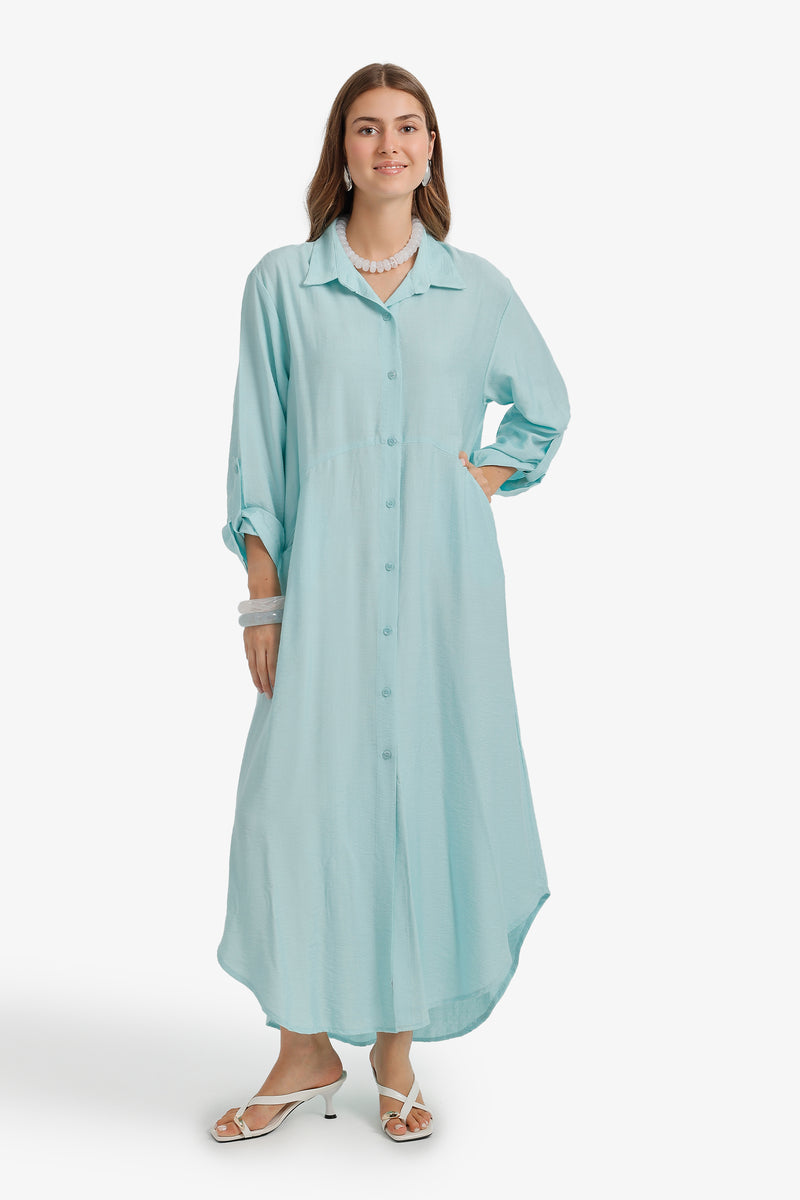 Tab Sleeve Shirt Dress - Aque