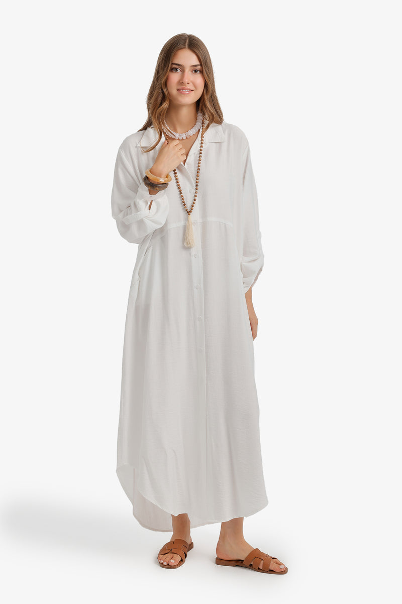 Tab Sleeve Shirt Dress - White