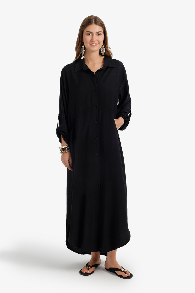 Tab Sleeve Shirt Dress - Black
