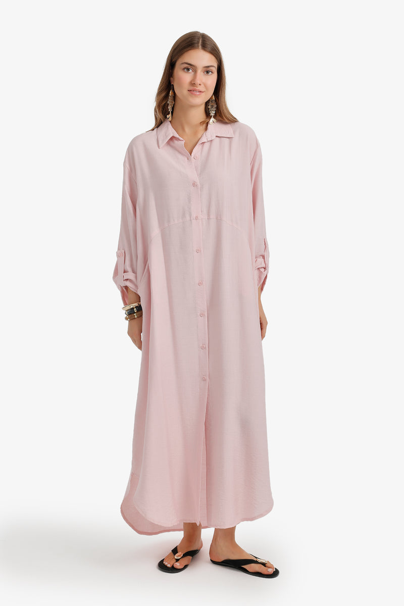 Tab Sleeve Shirt Dress - Pink