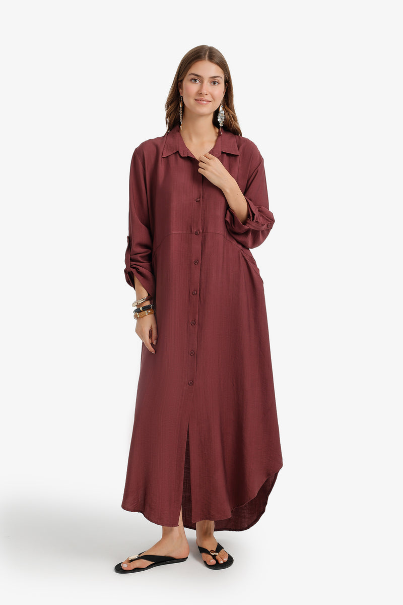 Tab Sleeve Shirt Dress - Burgundy