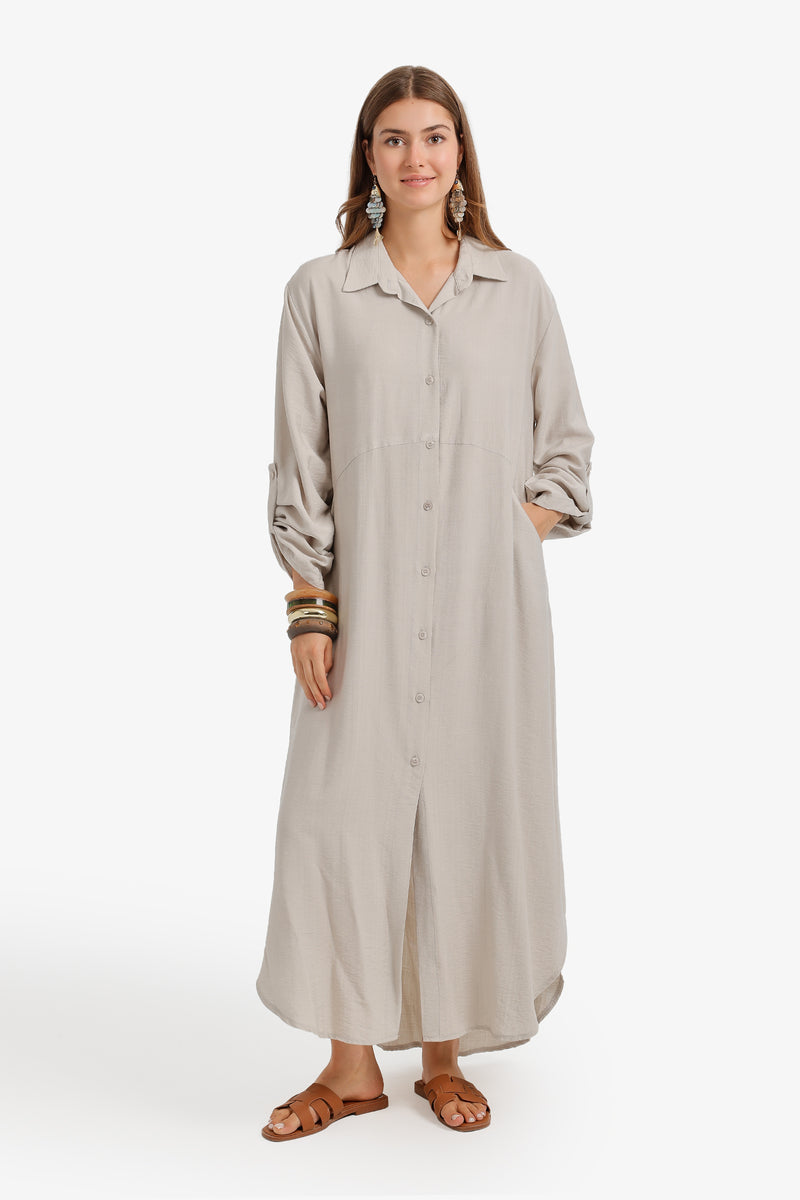 Tab Sleeve Shirt Dress - Light Beige