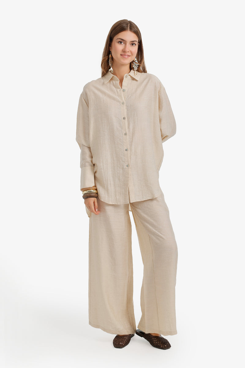 Crinkle Relaxed Wide-Leg Set – Light Beige