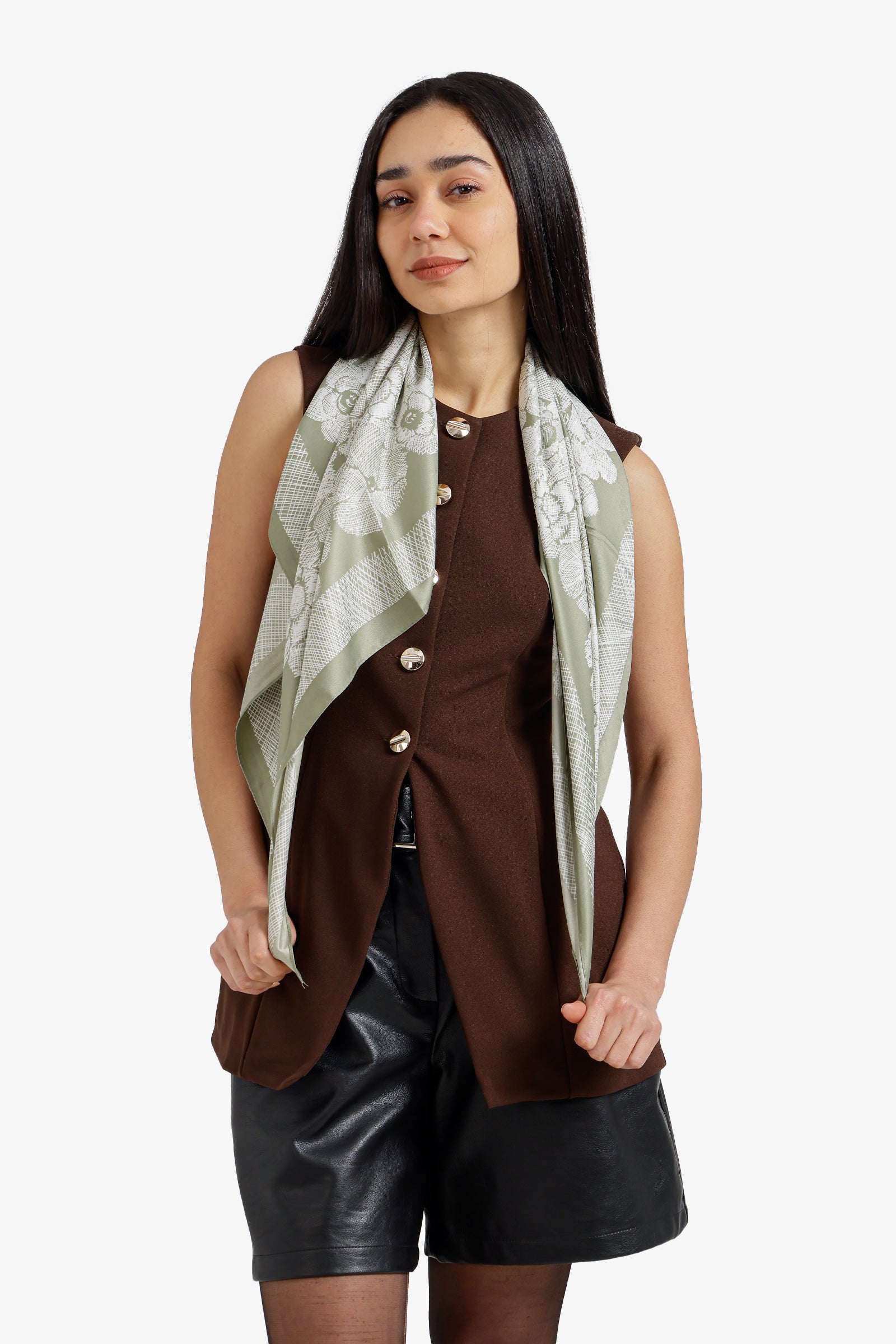 Floral Lightweight Square Scarf – Olive