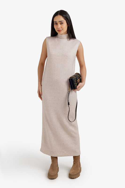 Solid High Neck Midi Dress – Beige