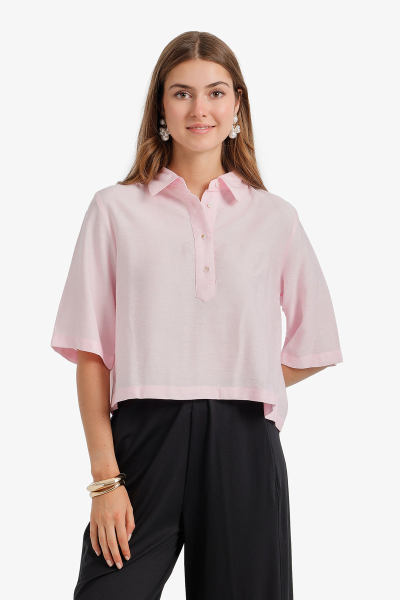 Half-Placket Cropped Shirt - Pink