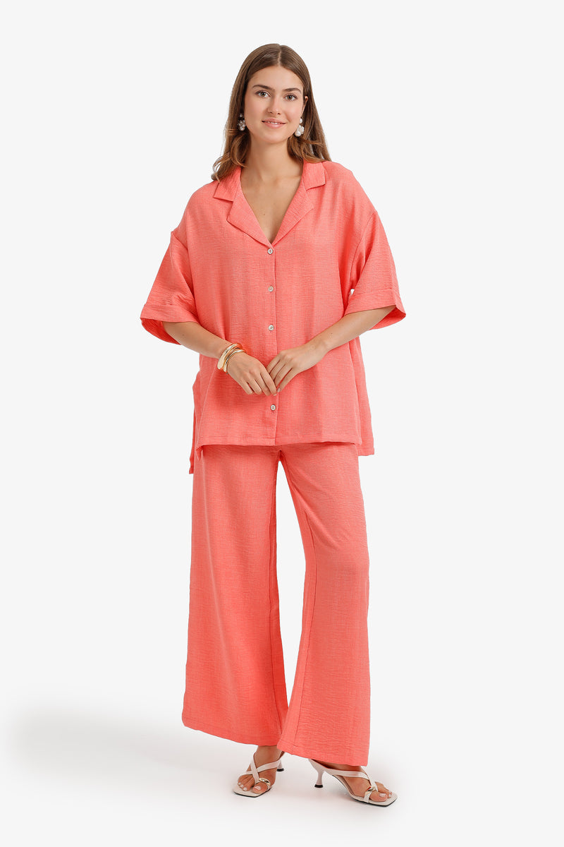 Textured Crinkle Notch-Collar Set – Watermelon