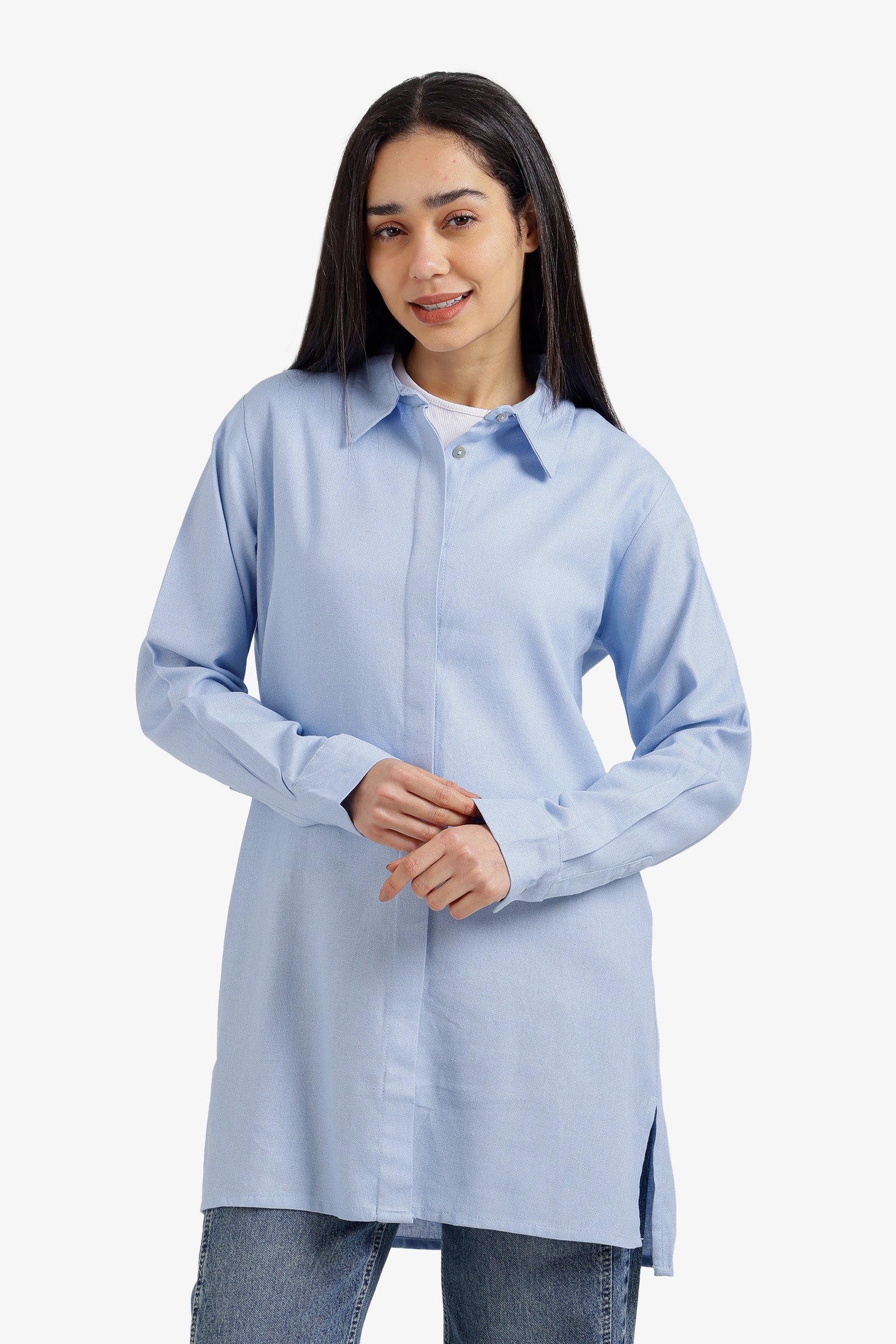 Plain Hidden Placket Long Shirt – Light Blue