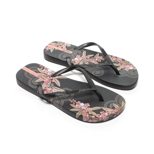 Floral Print Flip Flops - Black