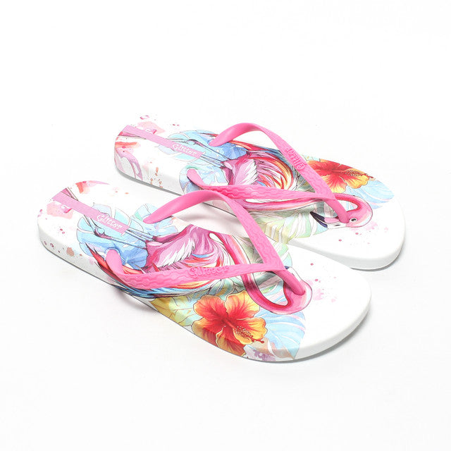 Tropical Flamingo Print Flip Flops - Fuchsia