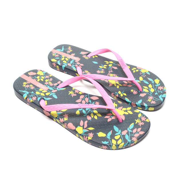 Floral Print Flip Flops - Grey