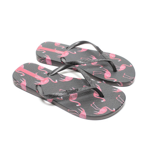 Flamingo Print Flip Flops - Black