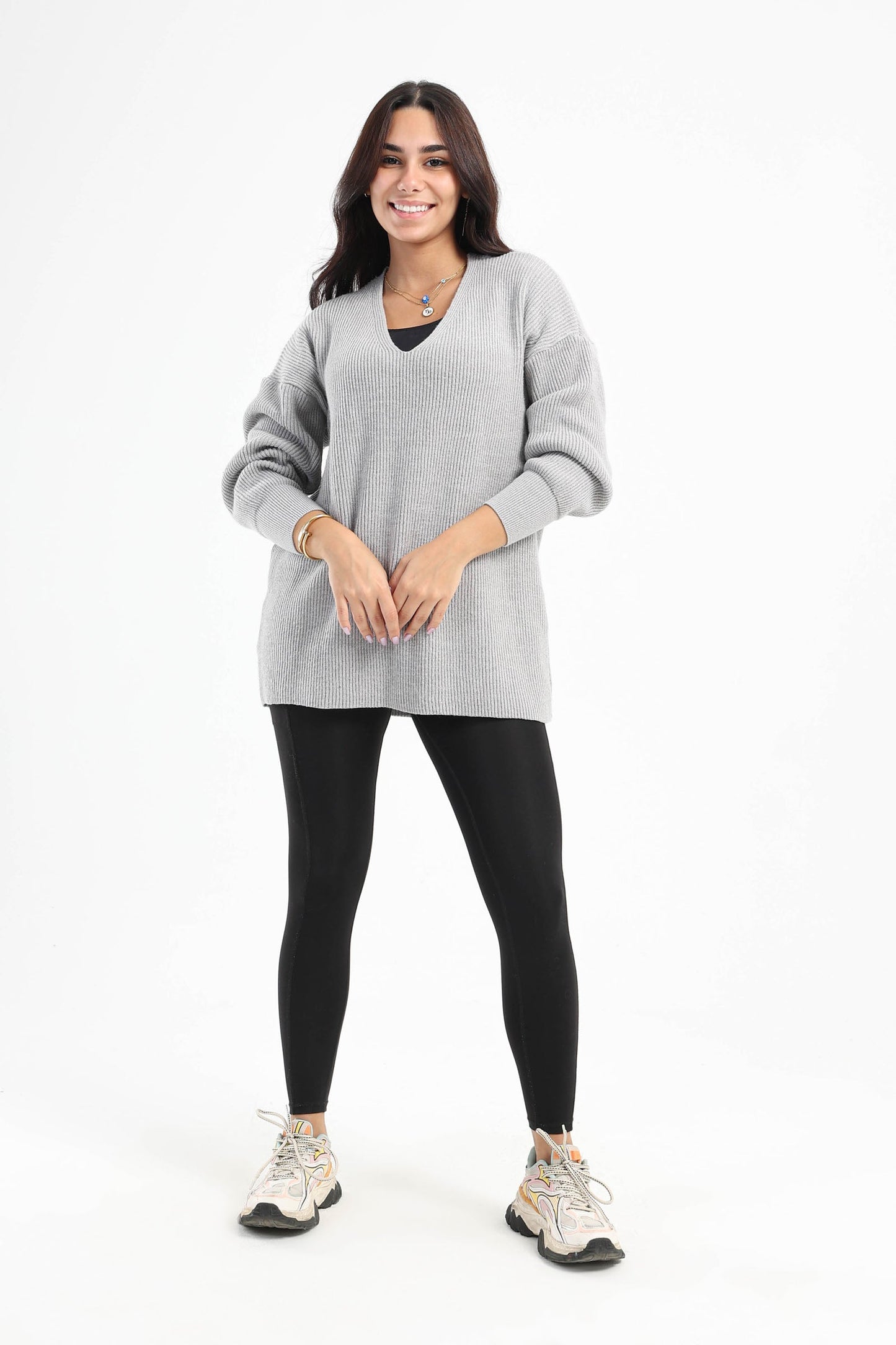 Deep V-Neckline Pullover - Grey