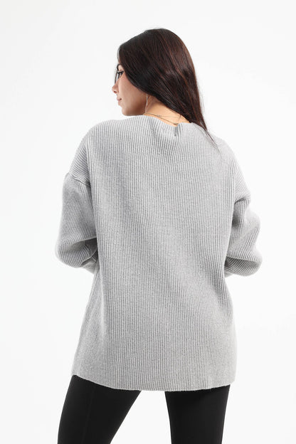 Deep V-Neckline Pullover - Grey