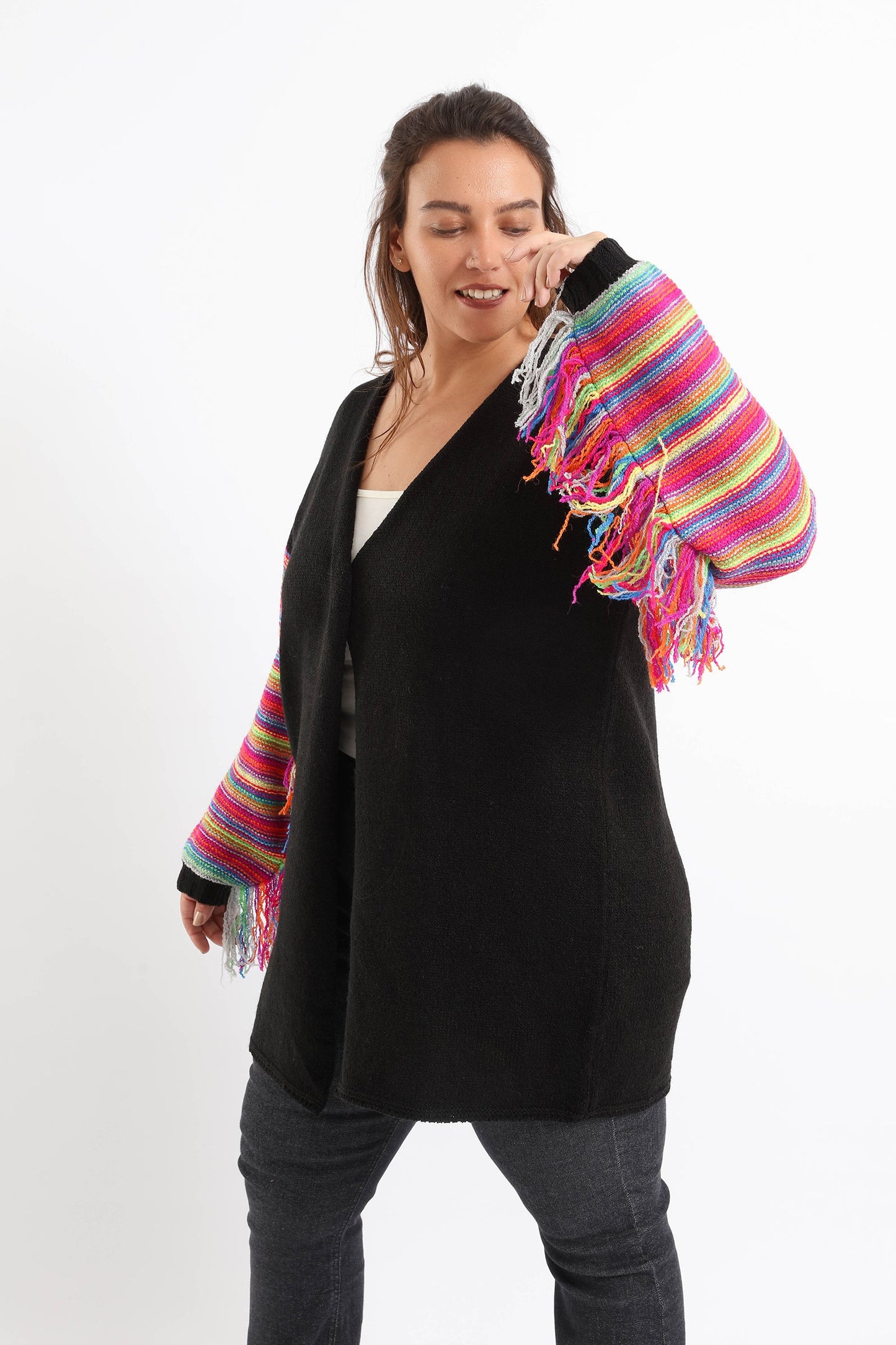 Cardigan with Colored Fringed Long Sleeves