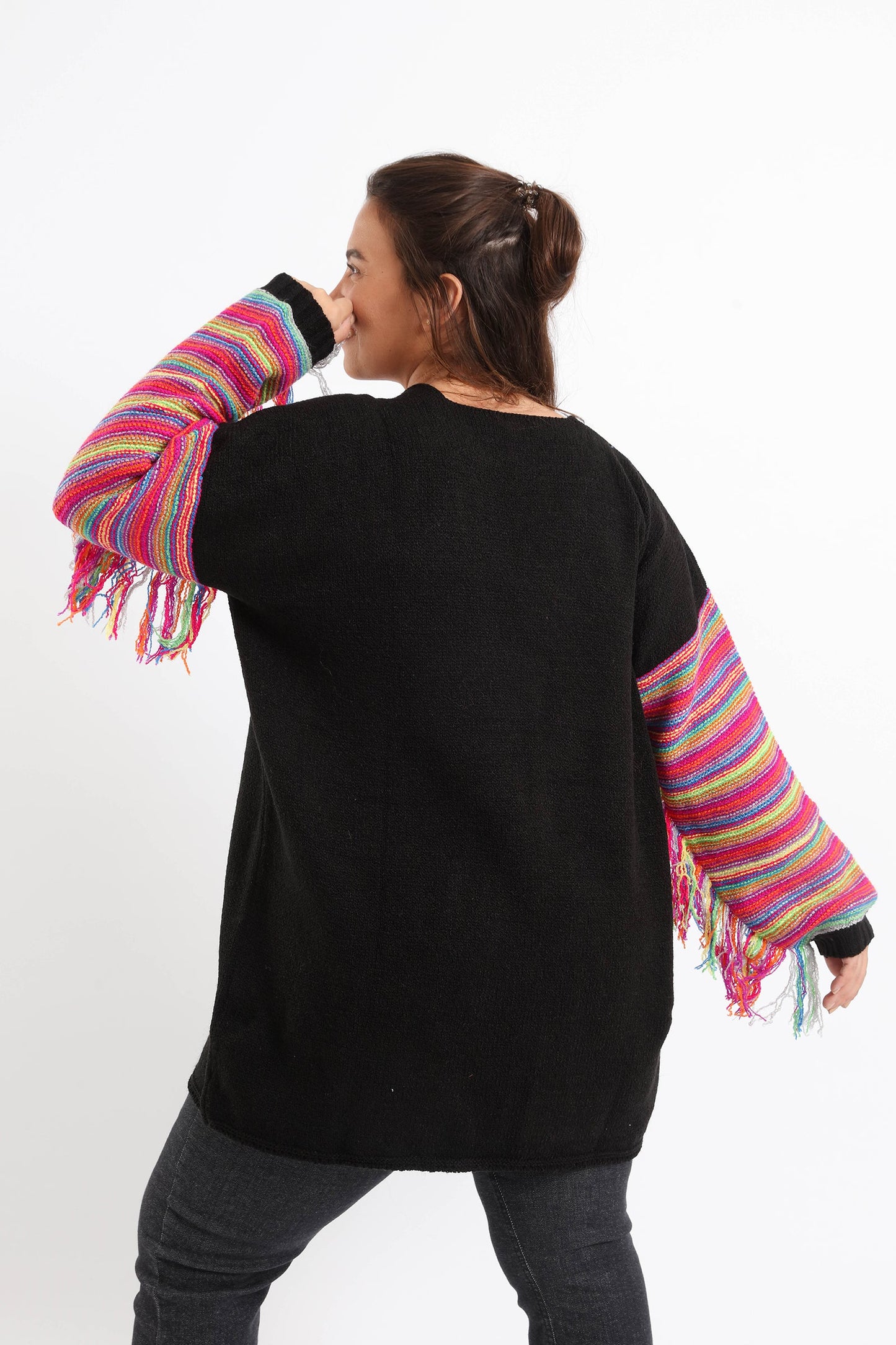 Cardigan with Colored Fringed Long Sleeves