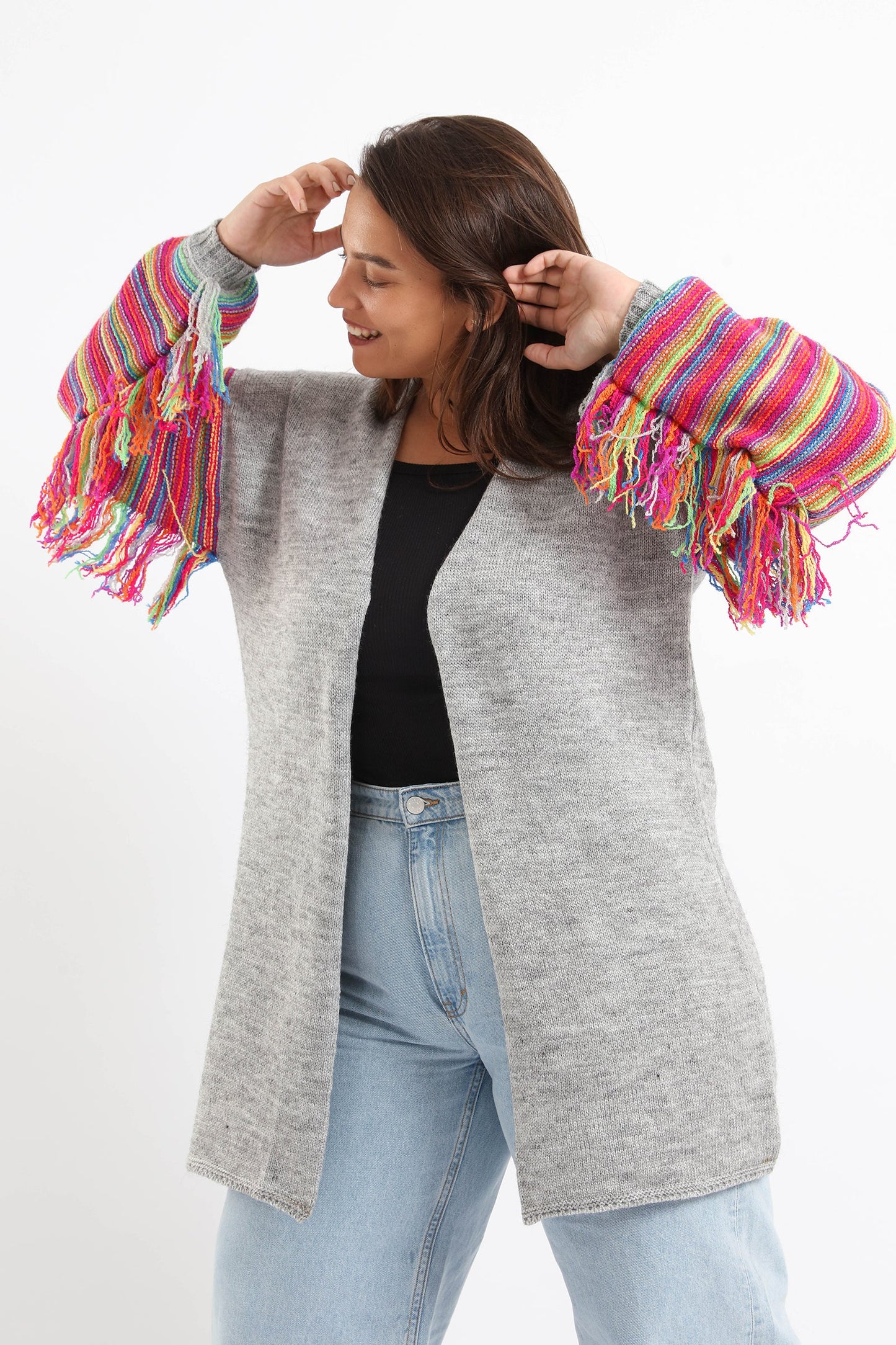 Cardigan with Colored Fringed Long Sleeves