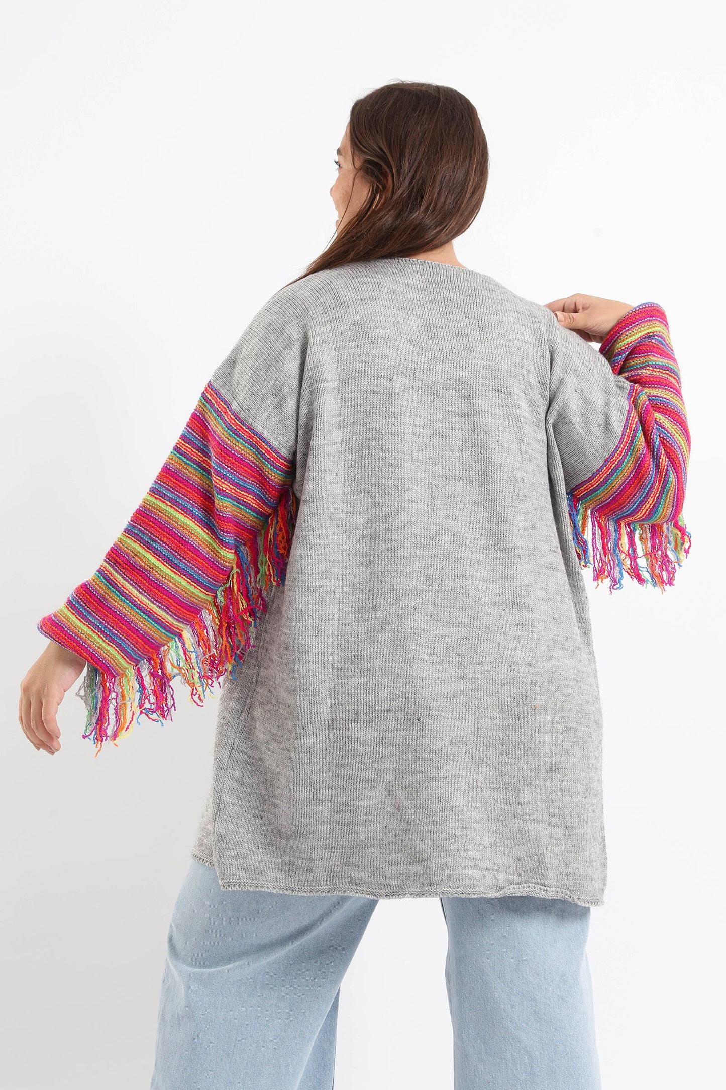 Cardigan with Colored Fringed Long Sleeves