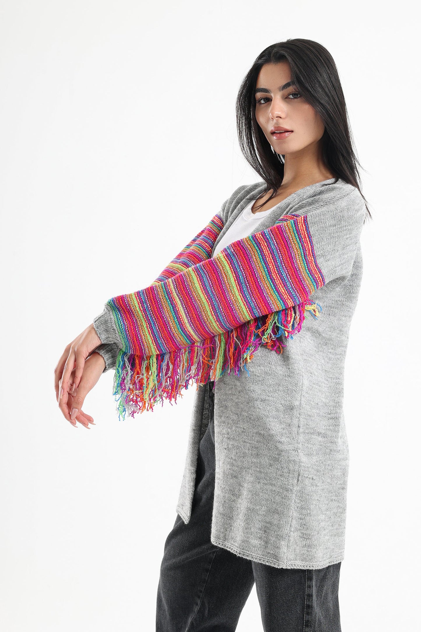 Cardigan with Colored Fringed Long Sleeves - Grey