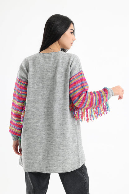 Cardigan with Colored Fringed Long Sleeves - Grey