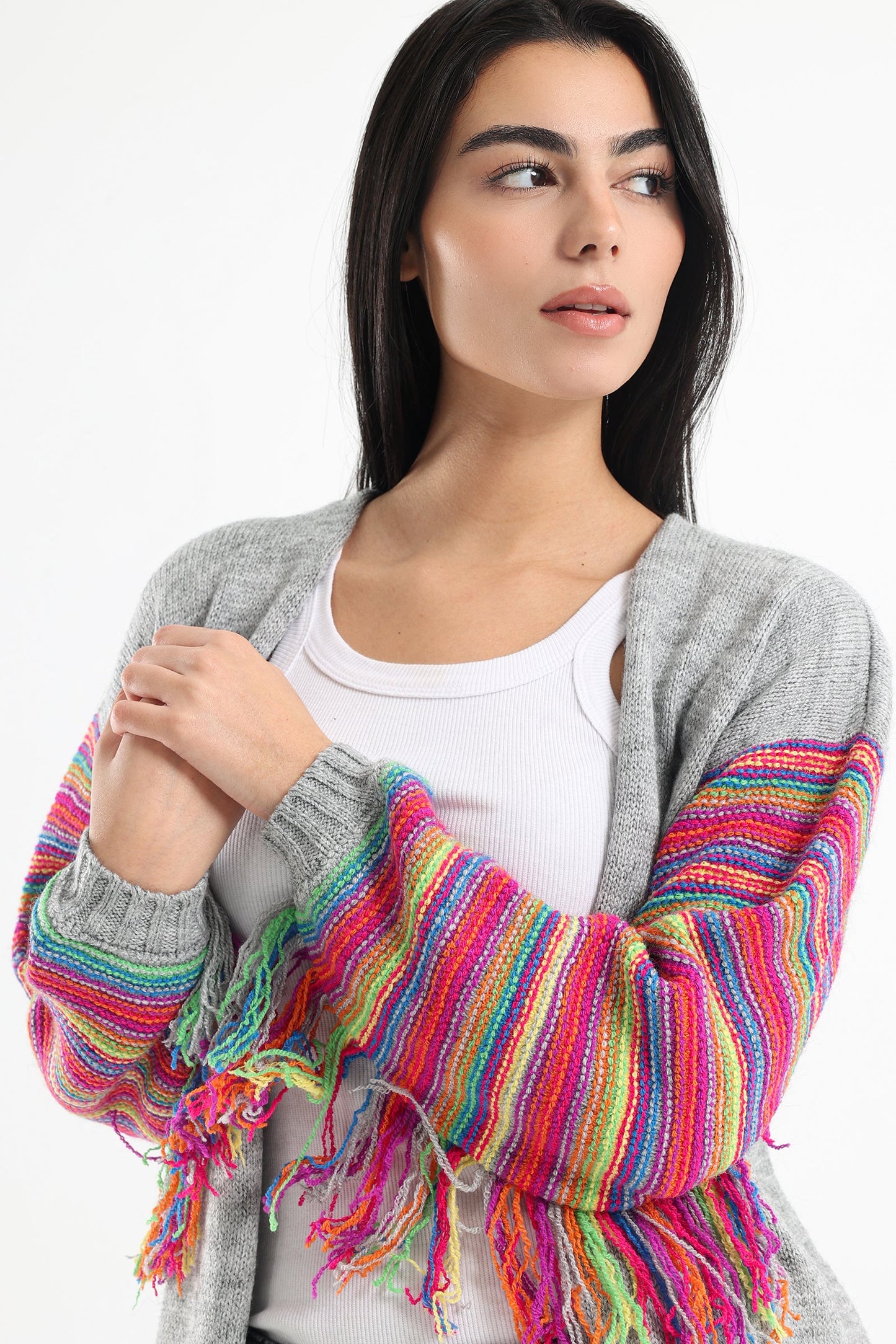 Cardigan with Colored Fringed Long Sleeves - Grey