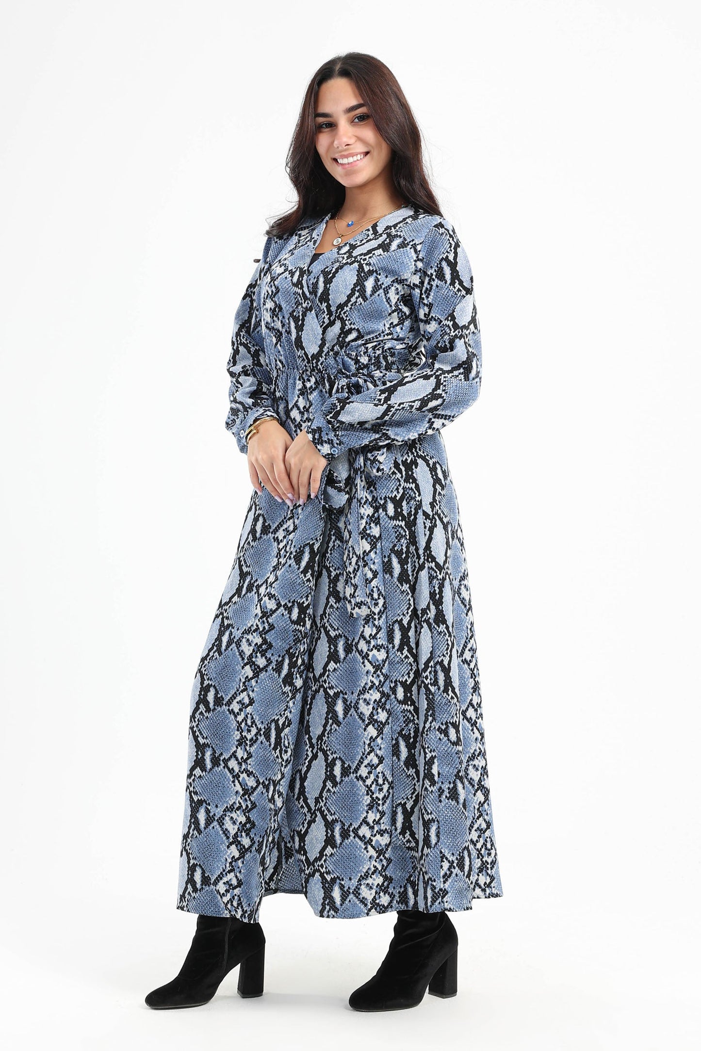 Snake Print Midi Long Sleeves Dress