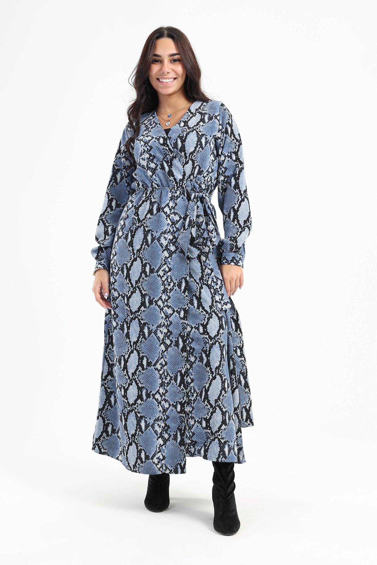 Snake Print Midi Long Sleeves Dress